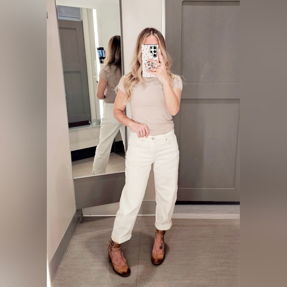 Risen High Rise Barrel Jeans Stretch Cuffed Relaxed Neutral Cream Various NEW - Picture 6 of 12
